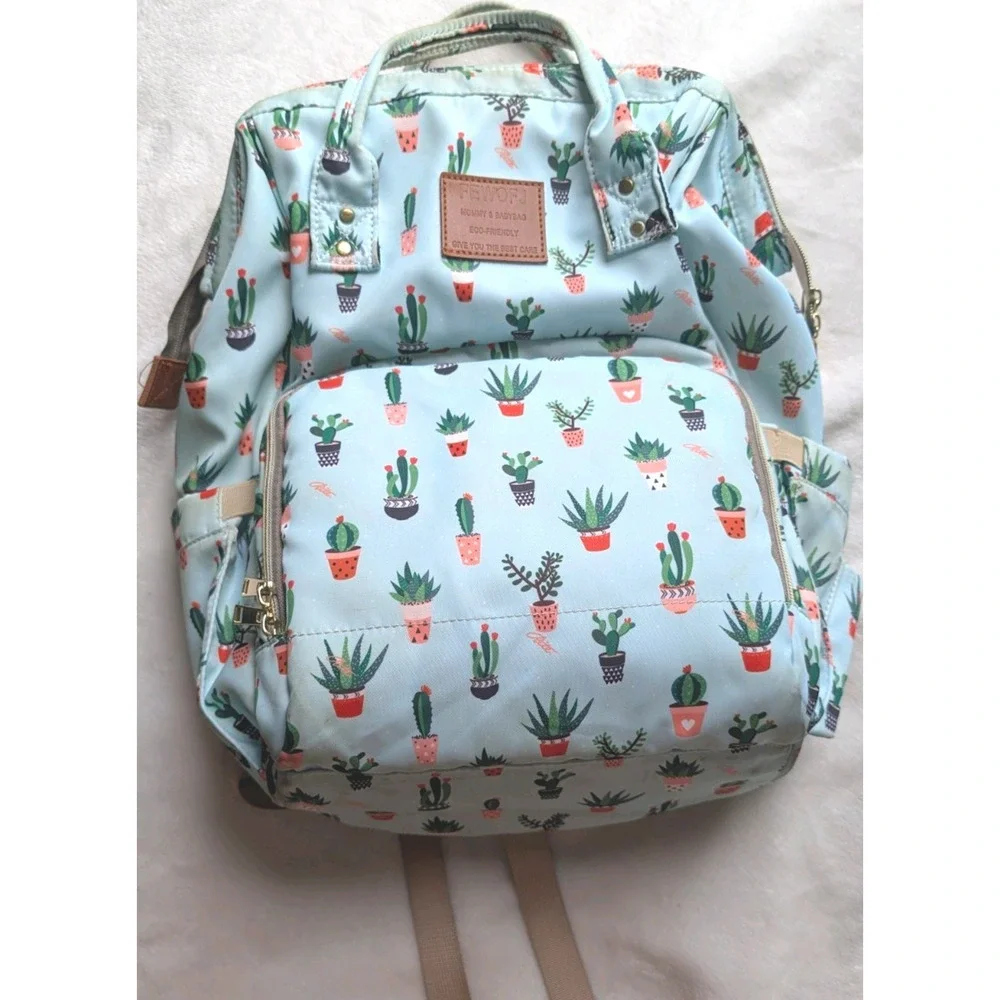 Cute Cactus Print Light Blue Diaper Backpack Insulated Pocket Adjustable Strap